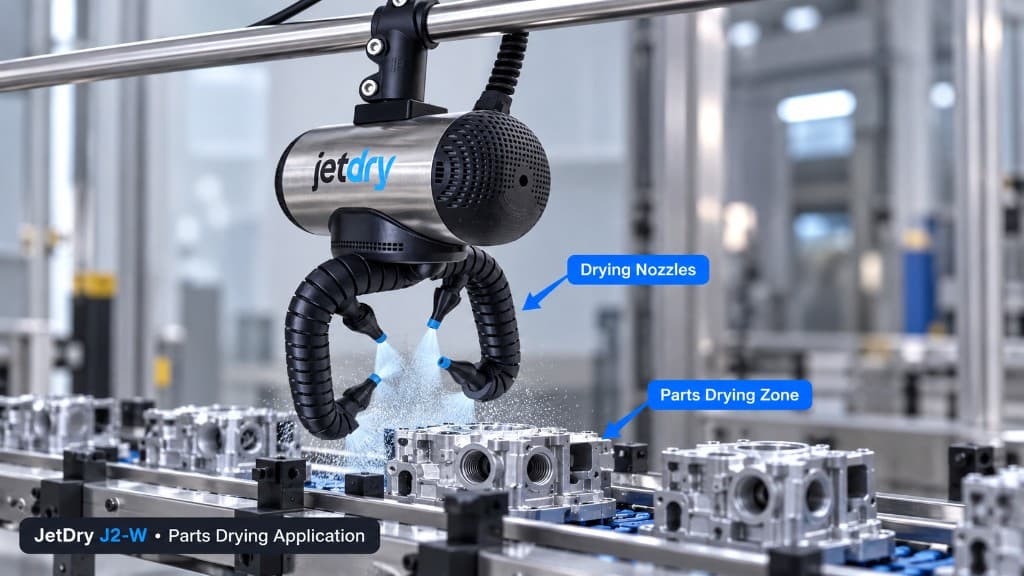 JetDry spot drying system on a production line with multi-arm nozzles